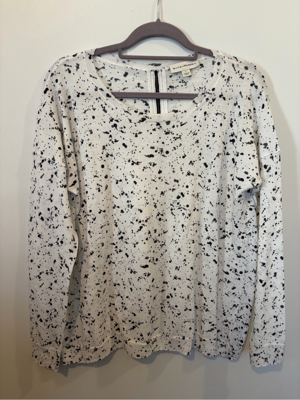 White + Warren White & Black Speckled Long Sleeve Top w/ back zipper detail - L